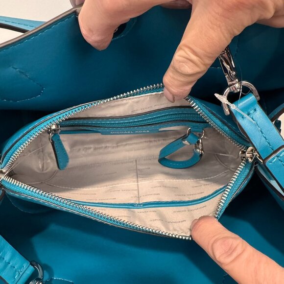 Michael Kors Teal Leather Handbag With Ruffled Accents & Adjustable Strap - Picture 9 of 14